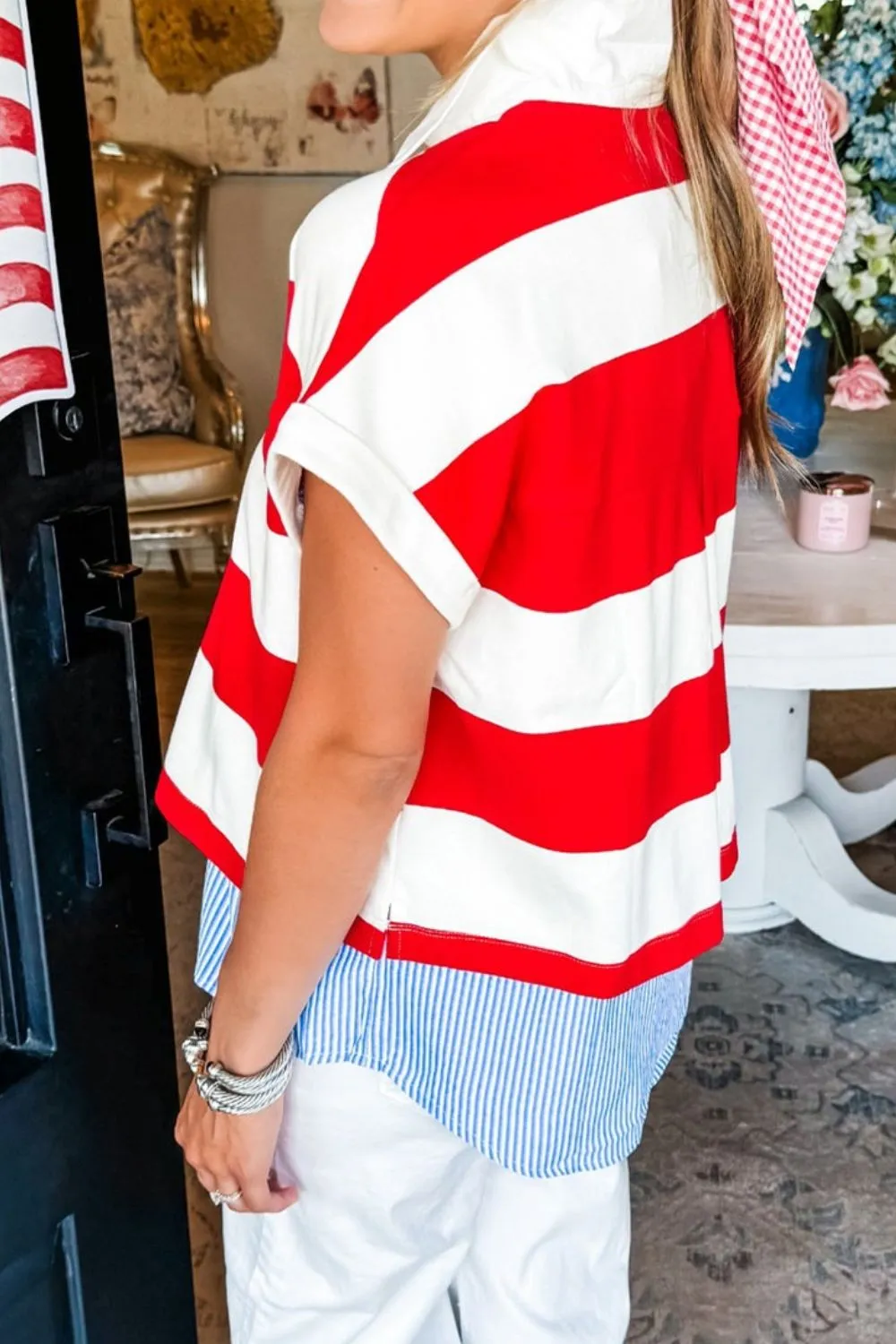 Stripe Collar V Neck Cuffed Dolman Short Sleeve Top - Image 3