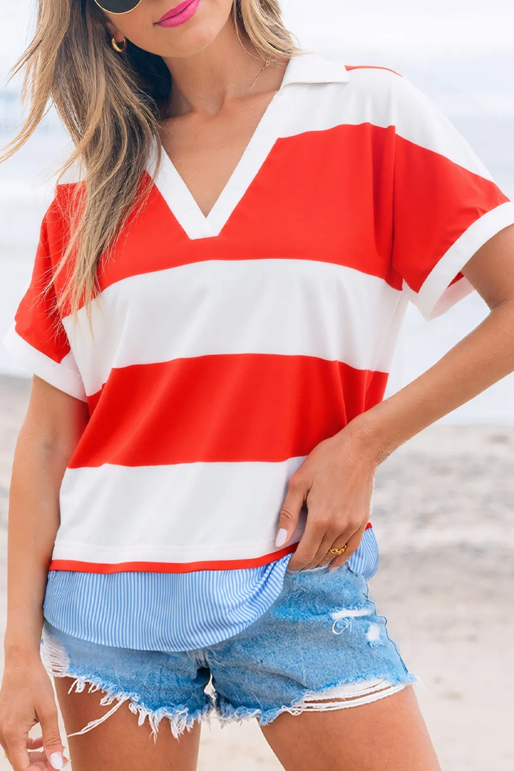 Stripe Collar V Neck Cuffed Dolman Short Sleeve Top - Image 4