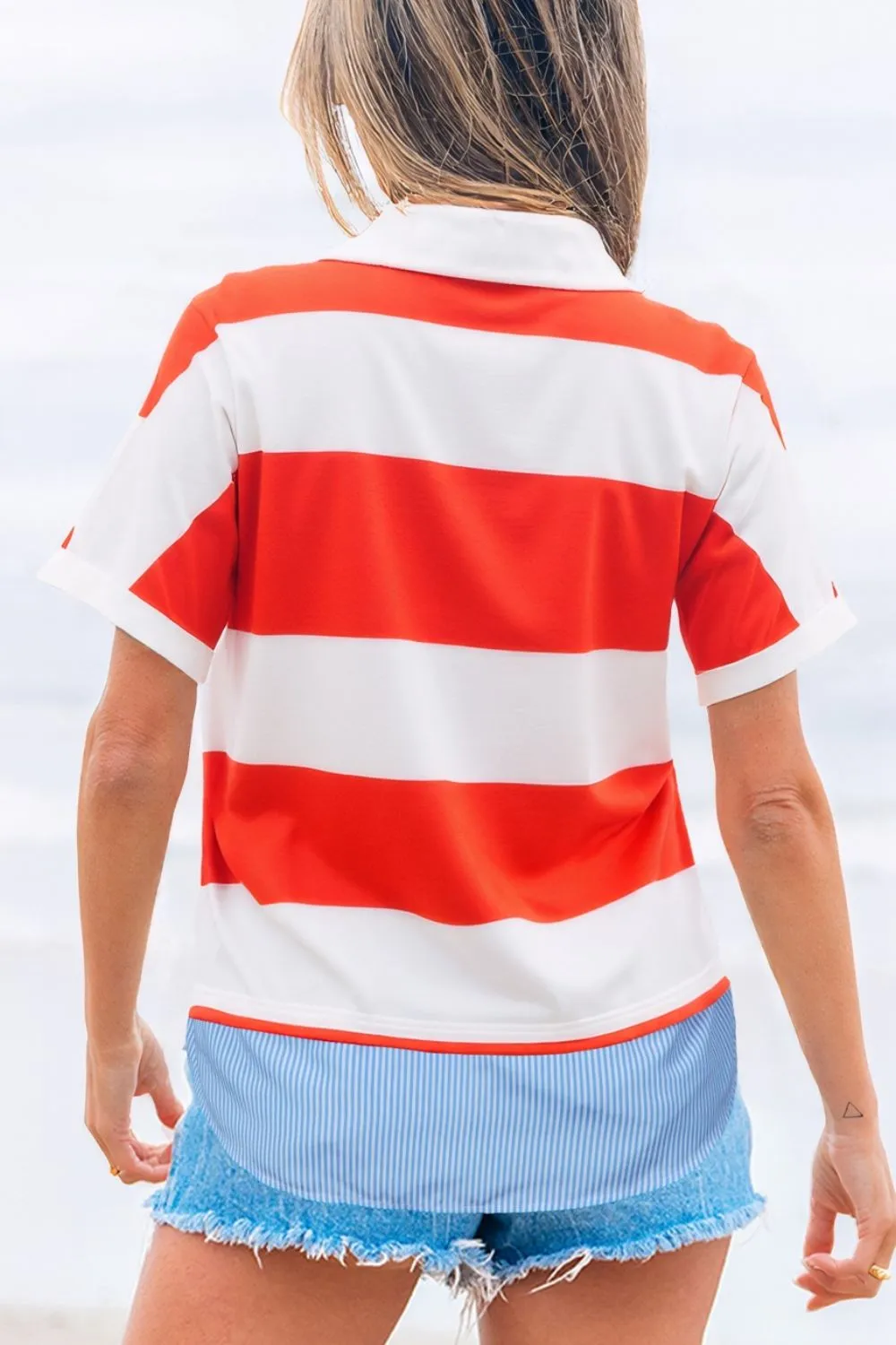 Stripe Collar V Neck Cuffed Dolman Short Sleeve Top - Image 5