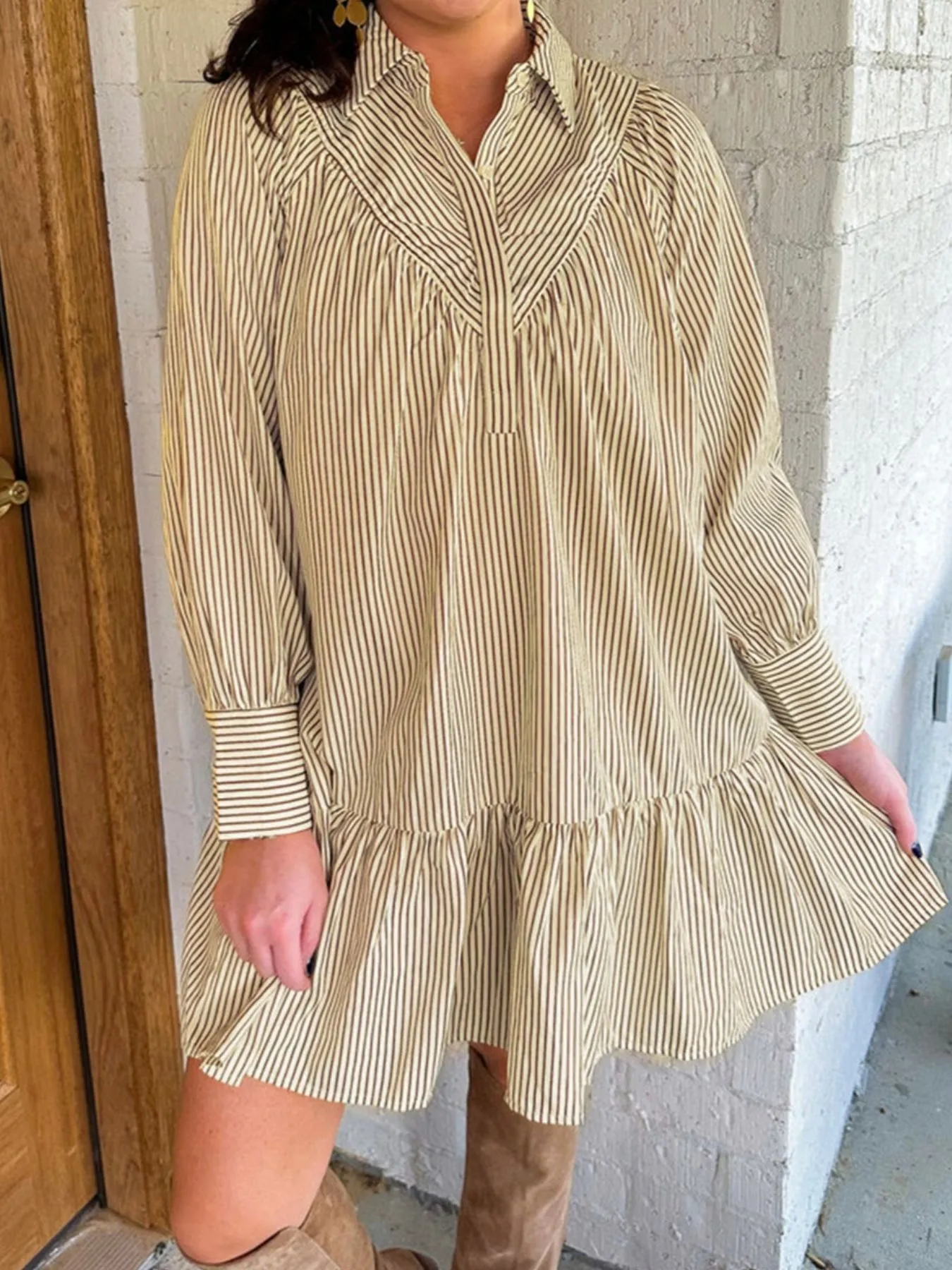 Stripe Collared Neck Cuffed Long Sleeve Drop Waist Mini Dress - Image 2
