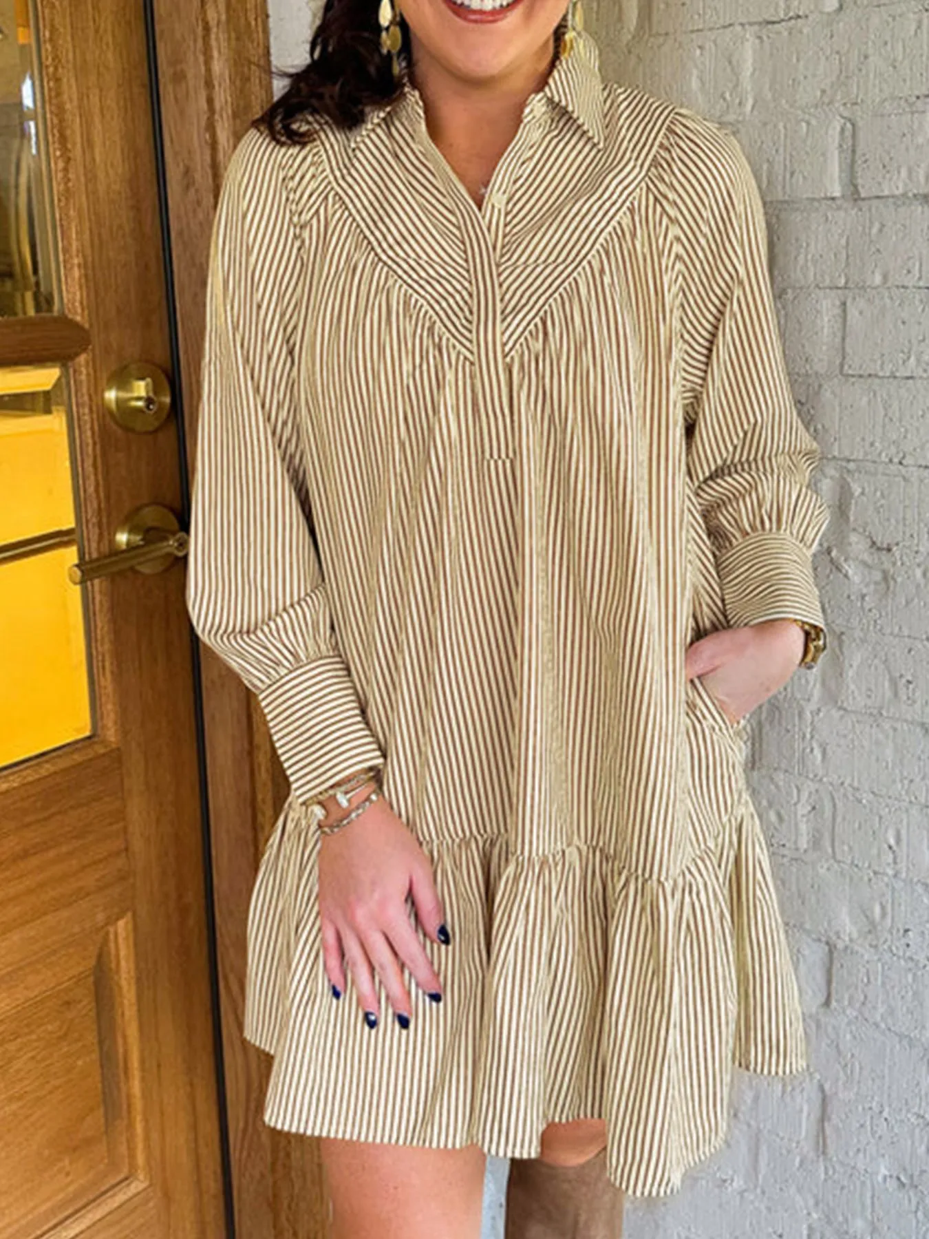 Stripe Collared Neck Cuffed Long Sleeve Drop Waist Mini Dress - Image 3