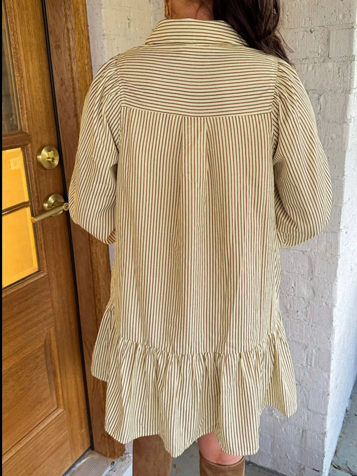 Stripe Collared Neck Cuffed Long Sleeve Drop Waist Mini Dress - Image 4