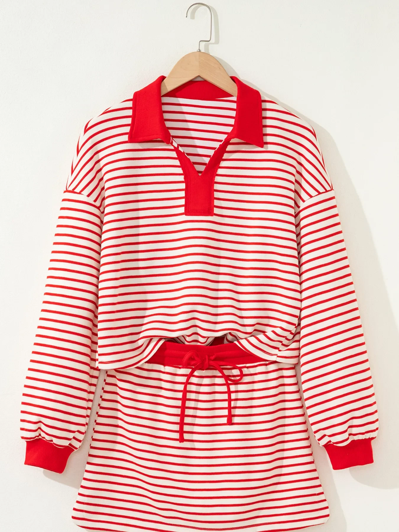 Stripe Collared V Neck Drop Shoulder Pullover and Skort 2pcs Outfit - Image 6