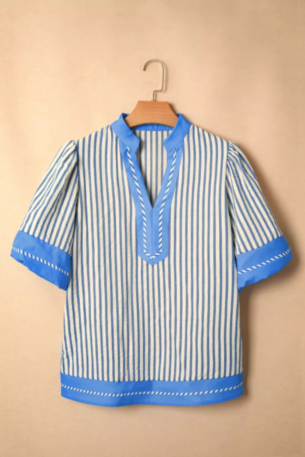 Stripe Color Block Detail V Neck Short Sleeve Blouse - Image 4