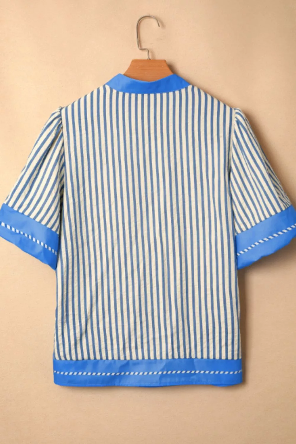 Stripe Color Block Detail V Neck Short Sleeve Blouse - Image 5