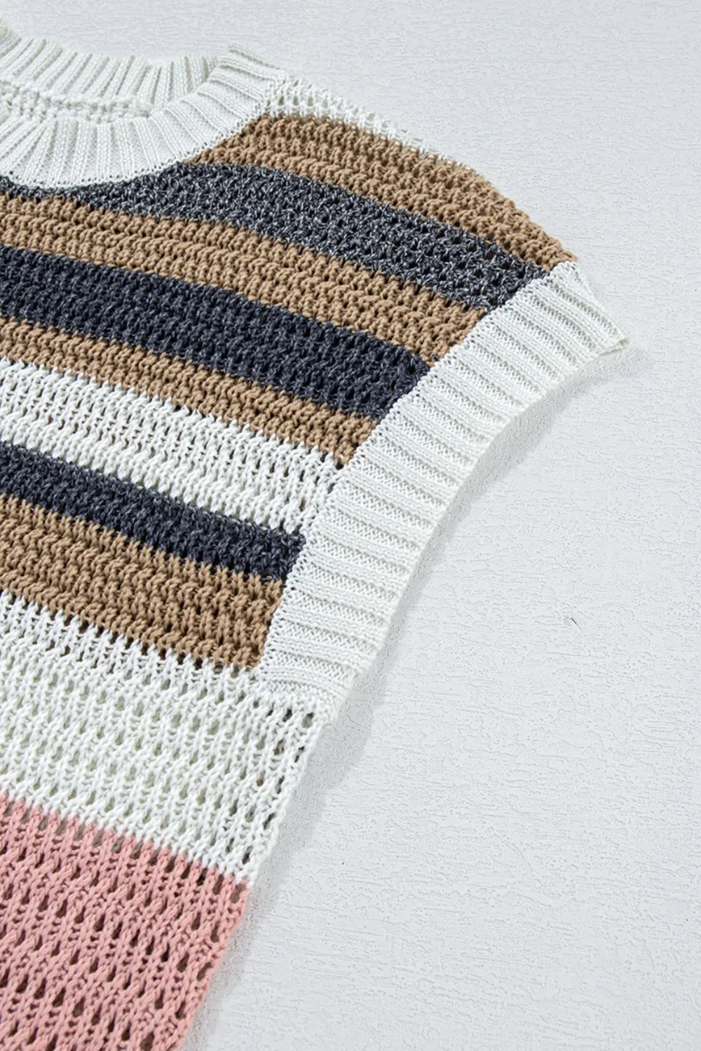 Stripe Color Block Eyelet Knit Short Sleeve Knit Top - Image 10