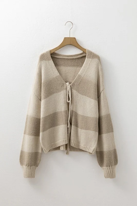 Stripe Colorblock Bow Tie Front Sweater Cardigan - Image 11