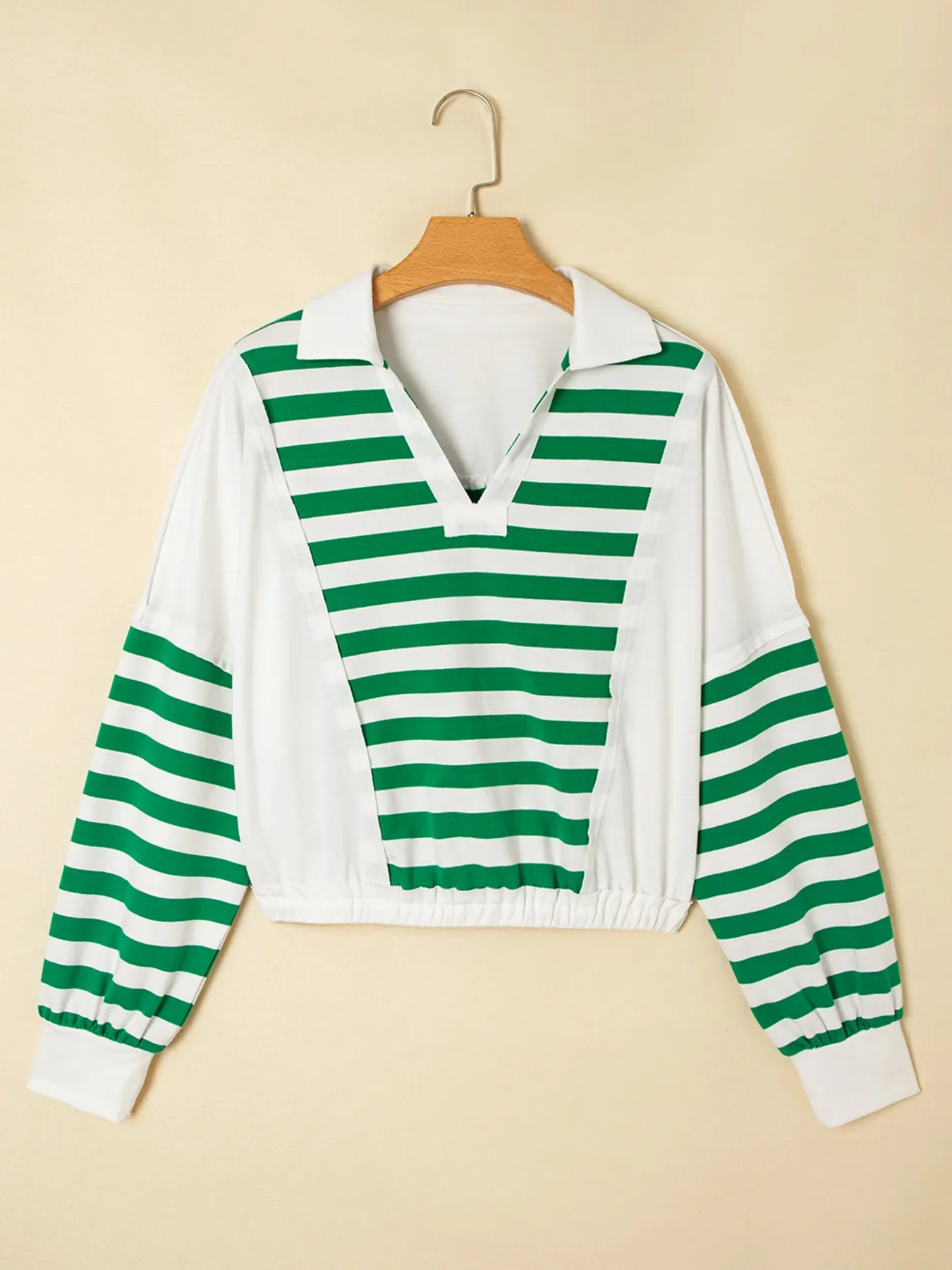 Stripe Colorblock Collared V Neck Cropped Top - Image 2
