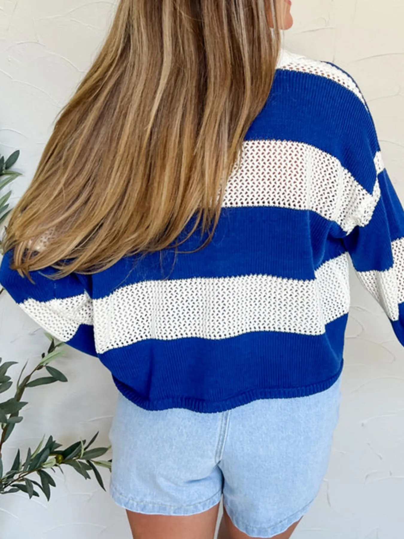 Stripe Colorblock Polo Collar Crochet Knitted Cover Up - Image 4