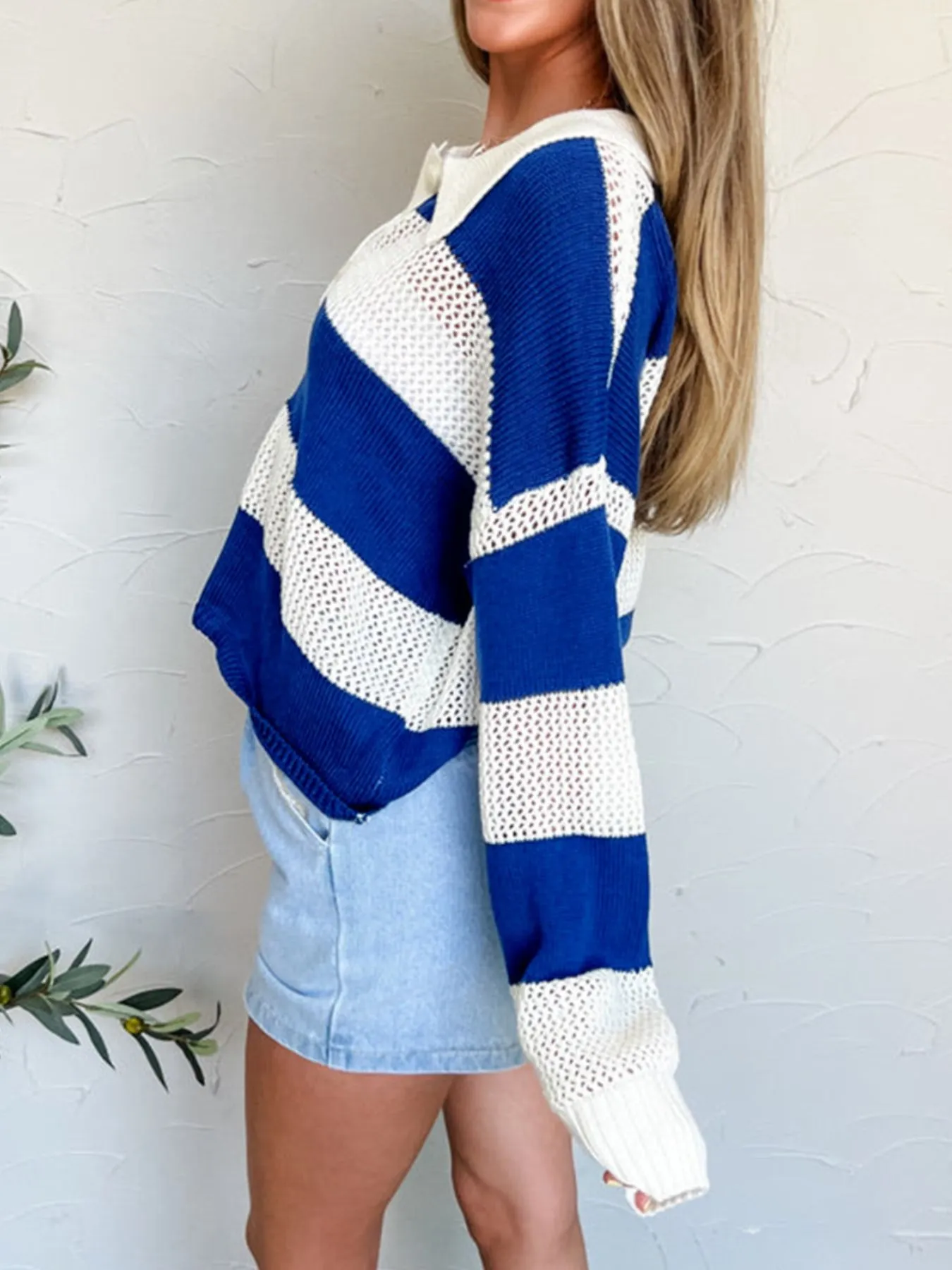 Stripe Colorblock Polo Collar Crochet Knitted Cover Up - Image 5