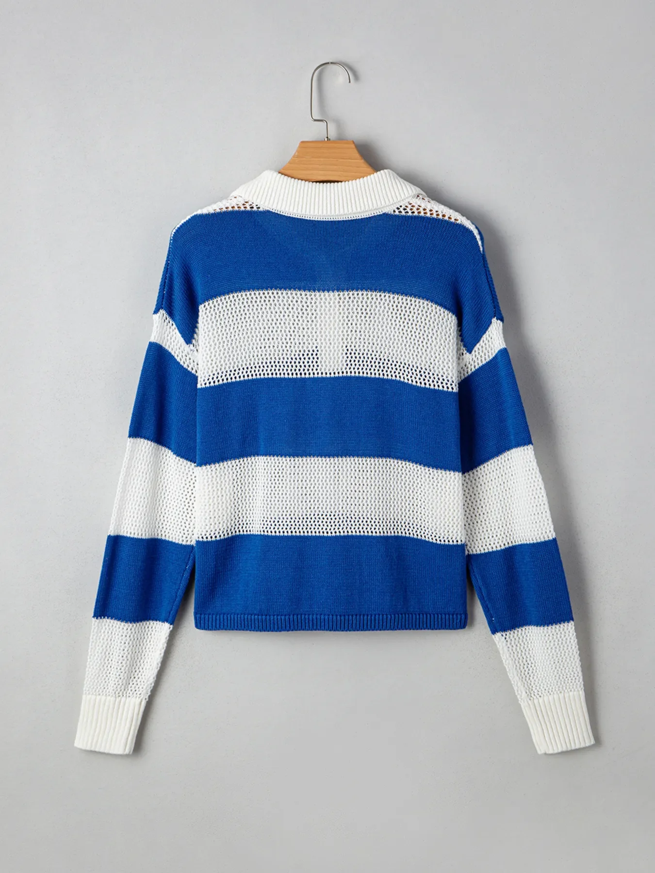 Stripe Colorblock Polo Collar Crochet Knitted Cover Up - Image 7