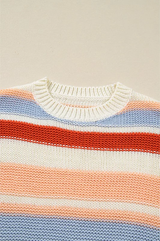 Stripe Colorblock Round Neck Drop Shoulder Sweater - Image 8