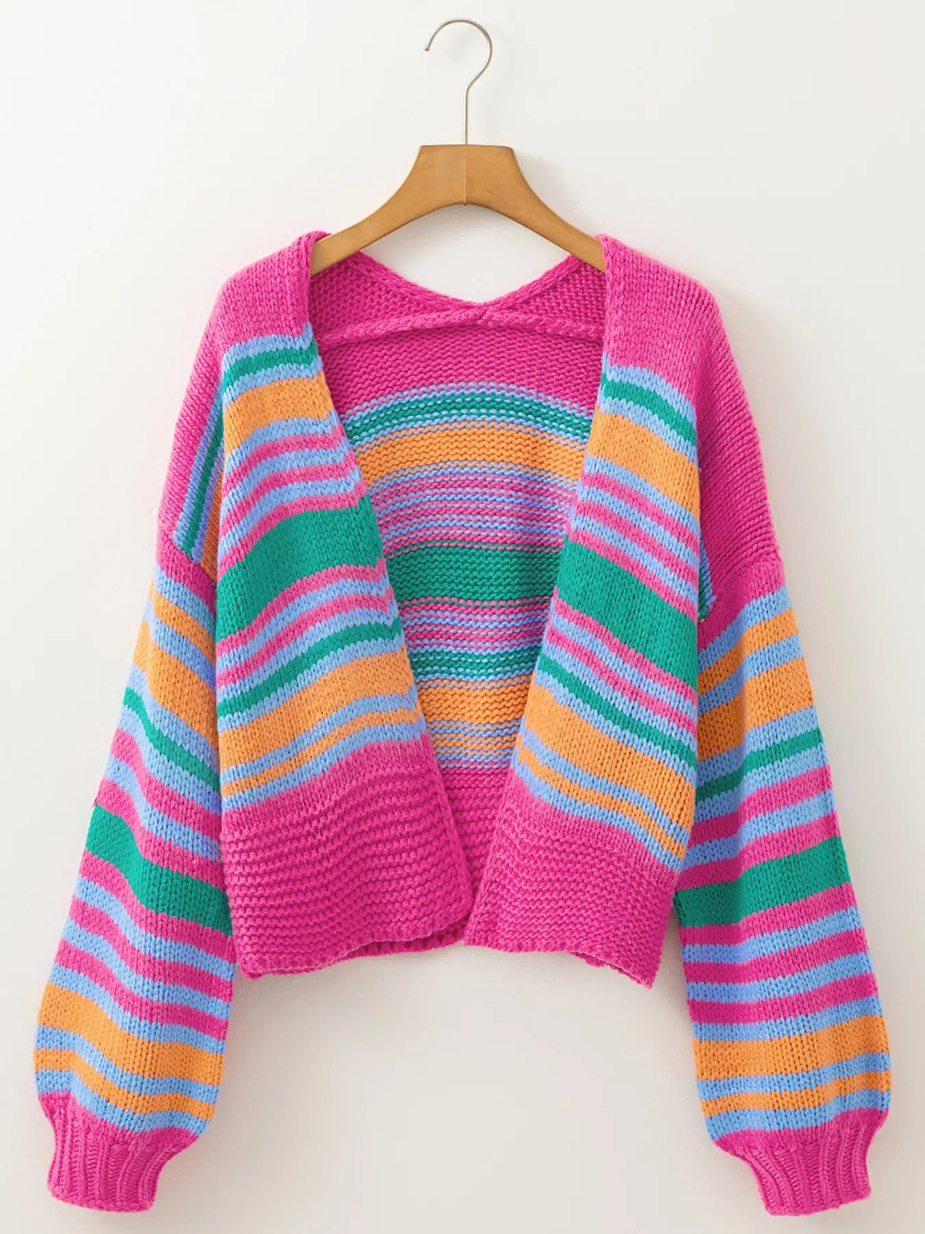 Stripe Colorful Puff Sleeve Drop Shoulder Loose Cardigan - Image 4