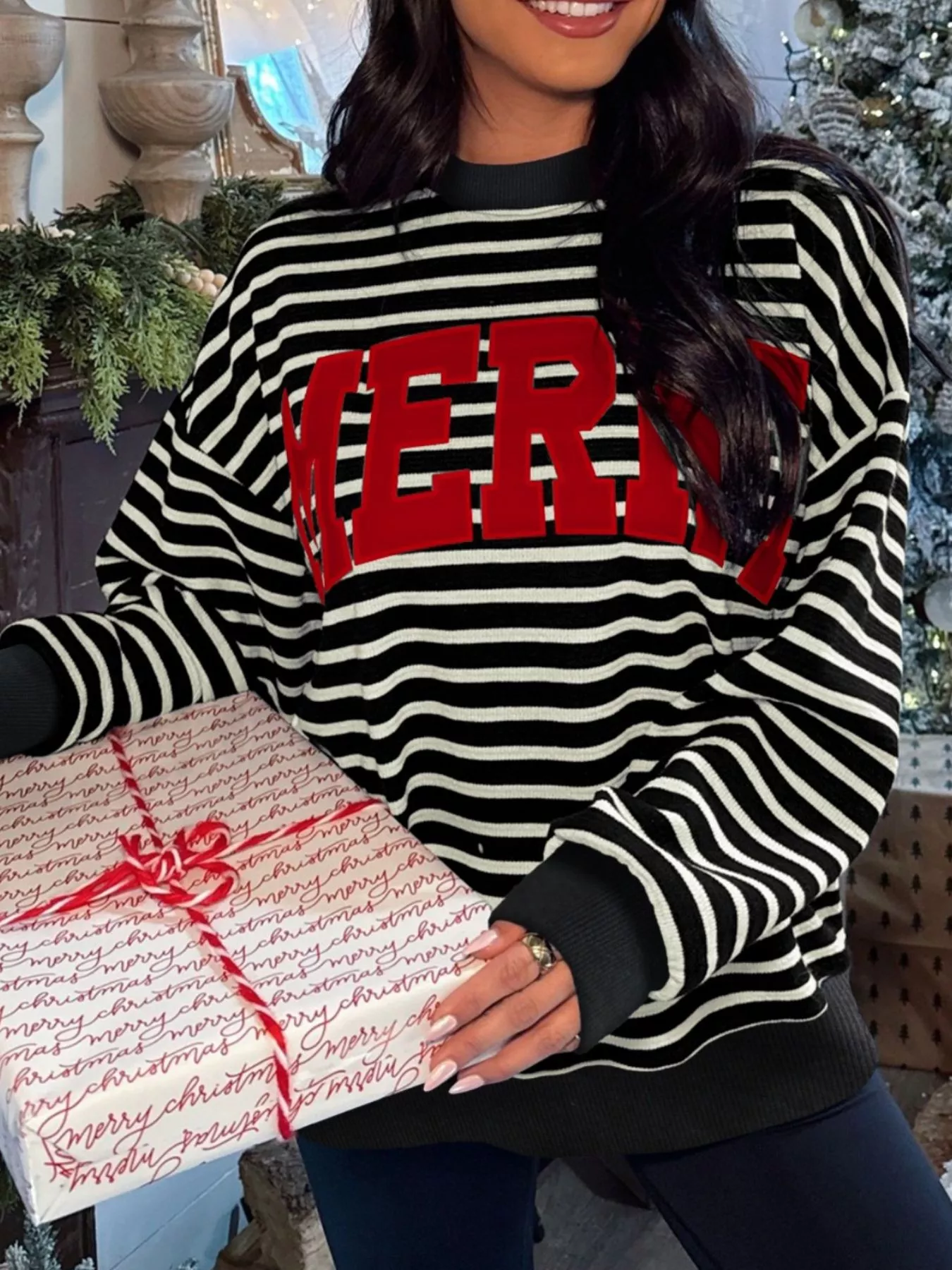 Stripe Contrast MERRY Letter Christmas Print Drop Shoulder Sweatshirt - Image 2