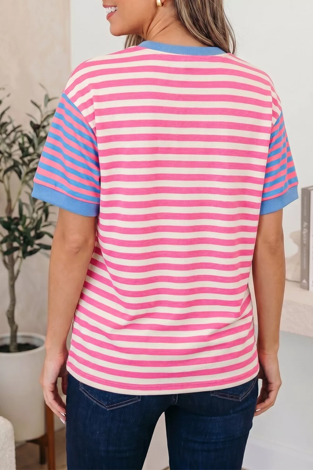Stripe Contrast Patchwork Short Sleeve Loose Tee - Image 3