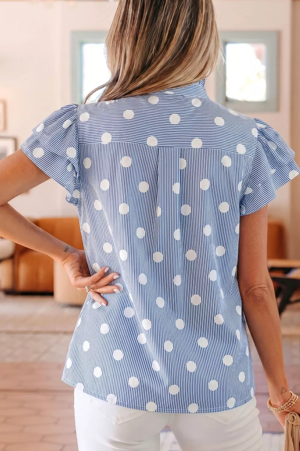 Stripe Contrast Polka Dot Print Pleated Ruffle Sleeve Shirt - Image 2