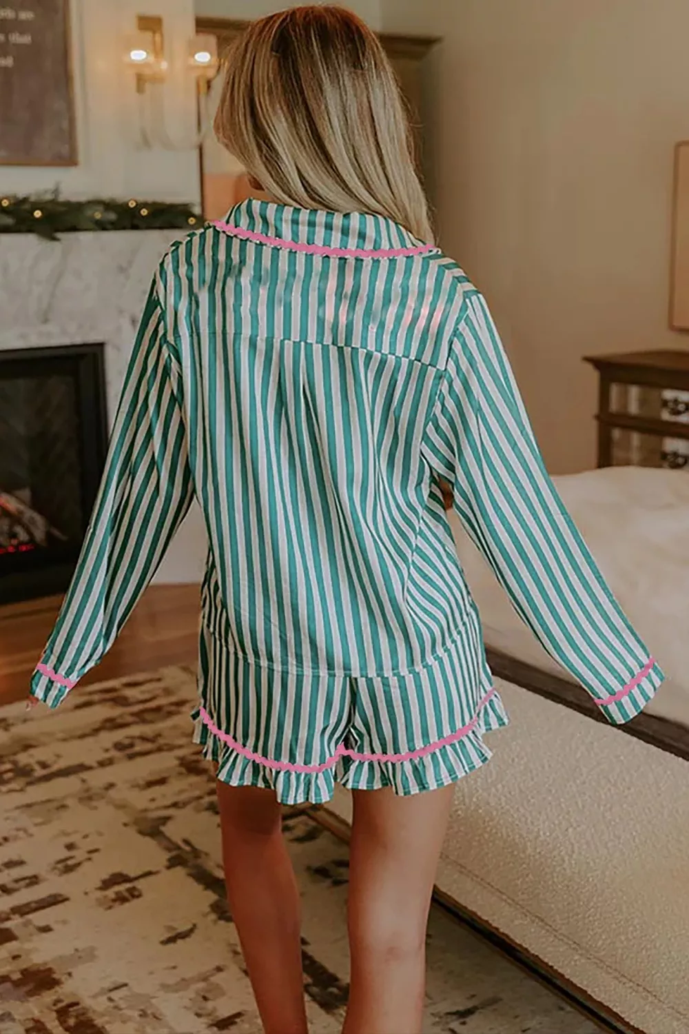 Stripe Contrast Ricrac Trim Long Sleeve Shirt Drawstring Ruffled Pajama Short Set - Image 2