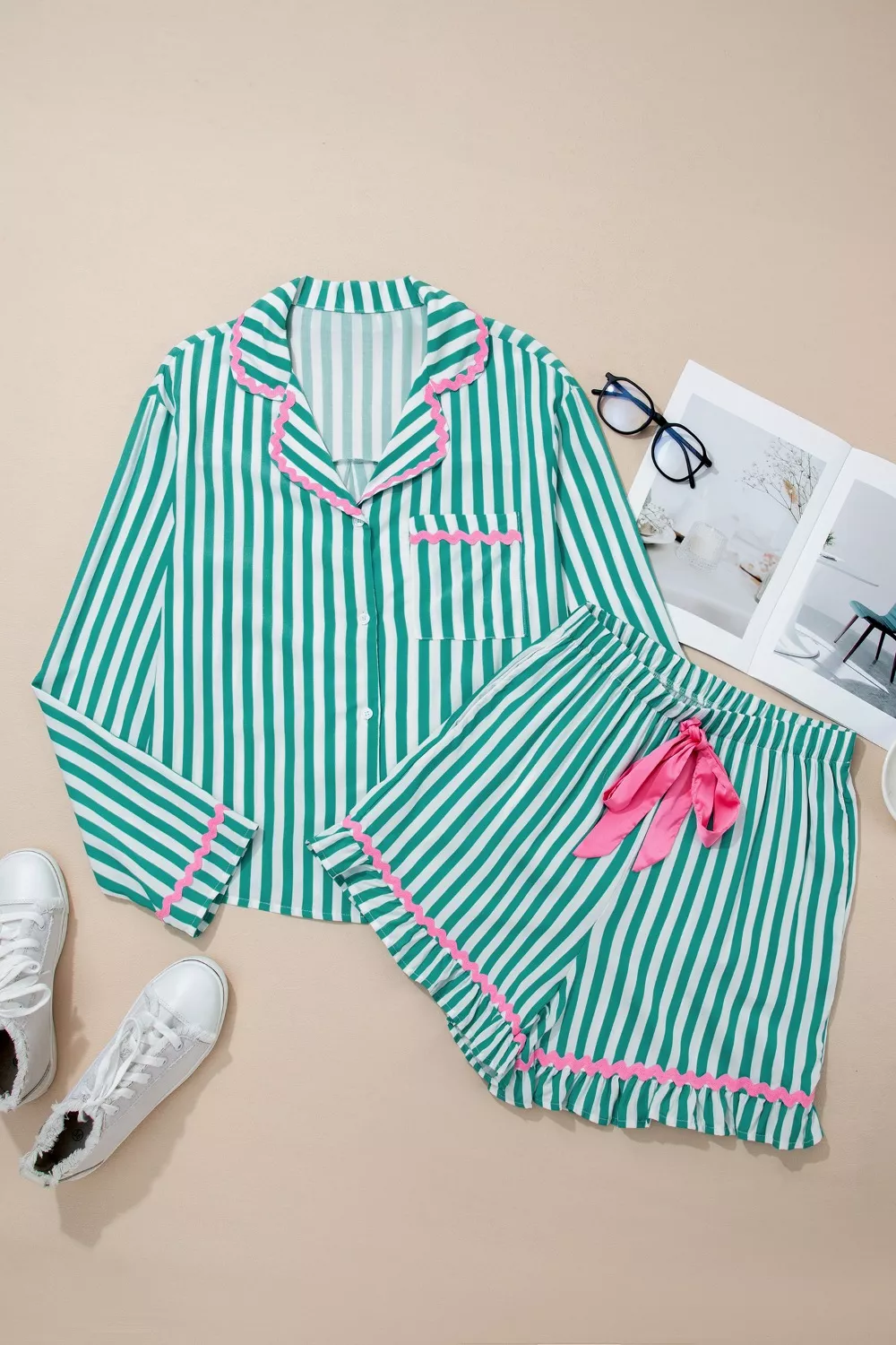 Stripe Contrast Ricrac Trim Long Sleeve Shirt Drawstring Ruffled Pajama Short Set - Image 5