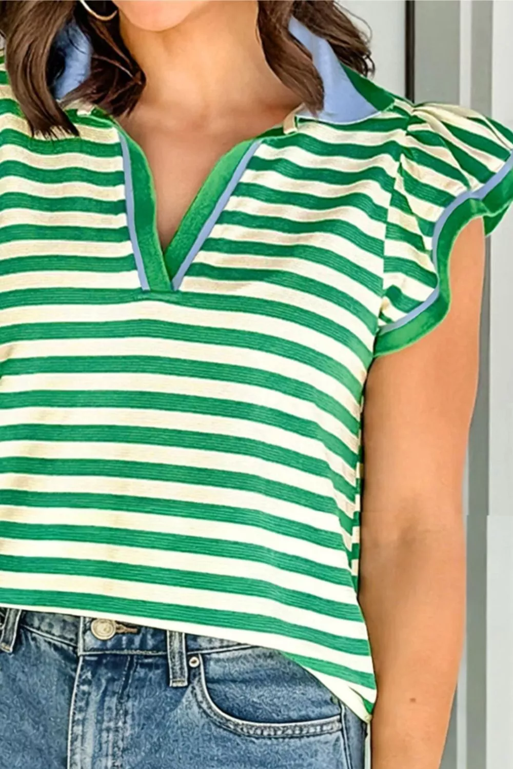 Stripe Contrast Trim Polo Collar Ruffled Short Sleeve Blouse - Image 2