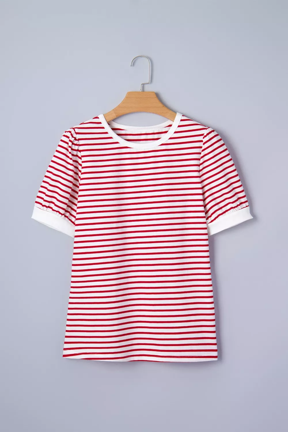 Stripe Contrast Trim Round Neck Short Puff Sleeve T Shirt - Image 6