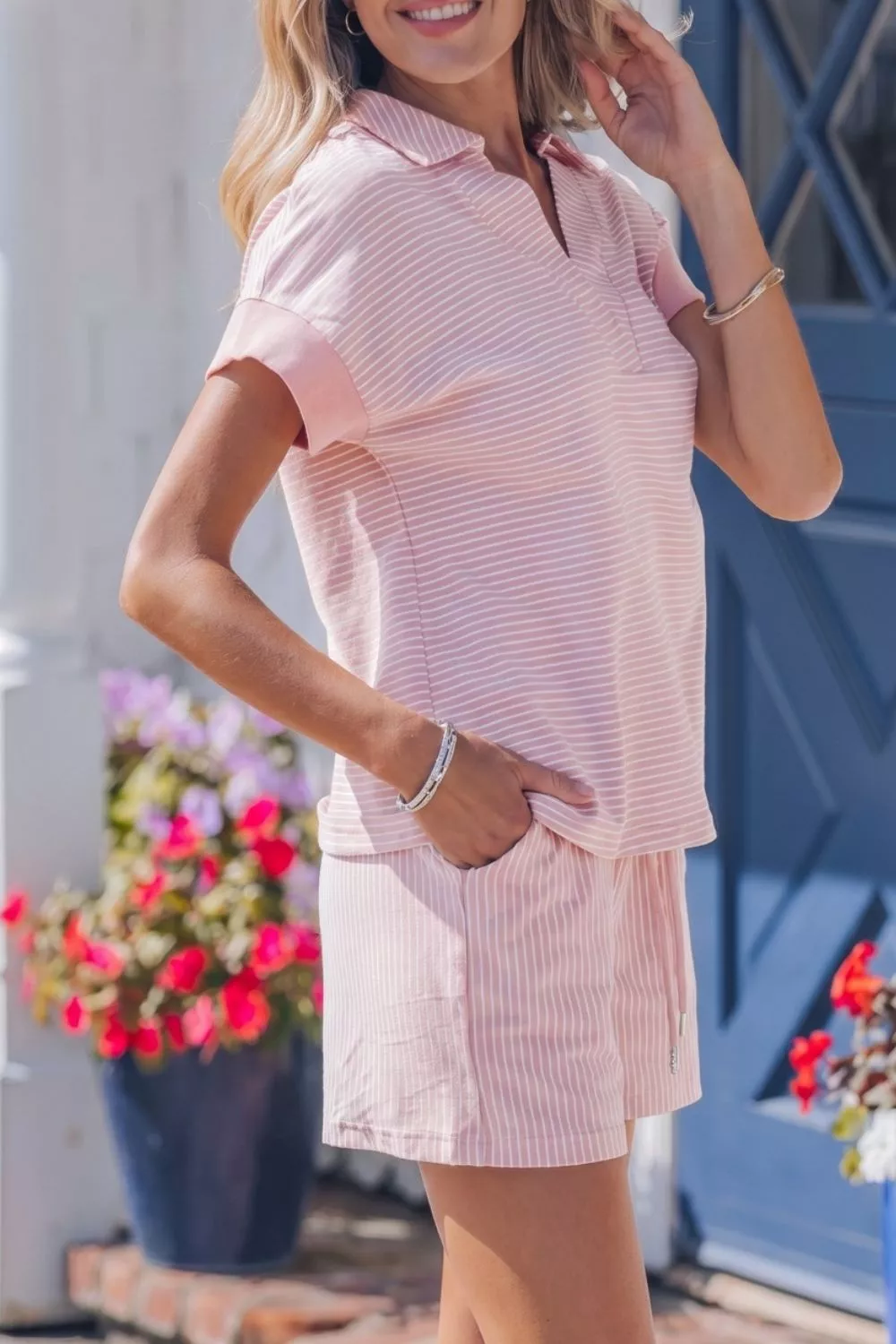 Stripe Dolman Sleeve Polo Shirt and Drawstring Shorts Set - Image 4