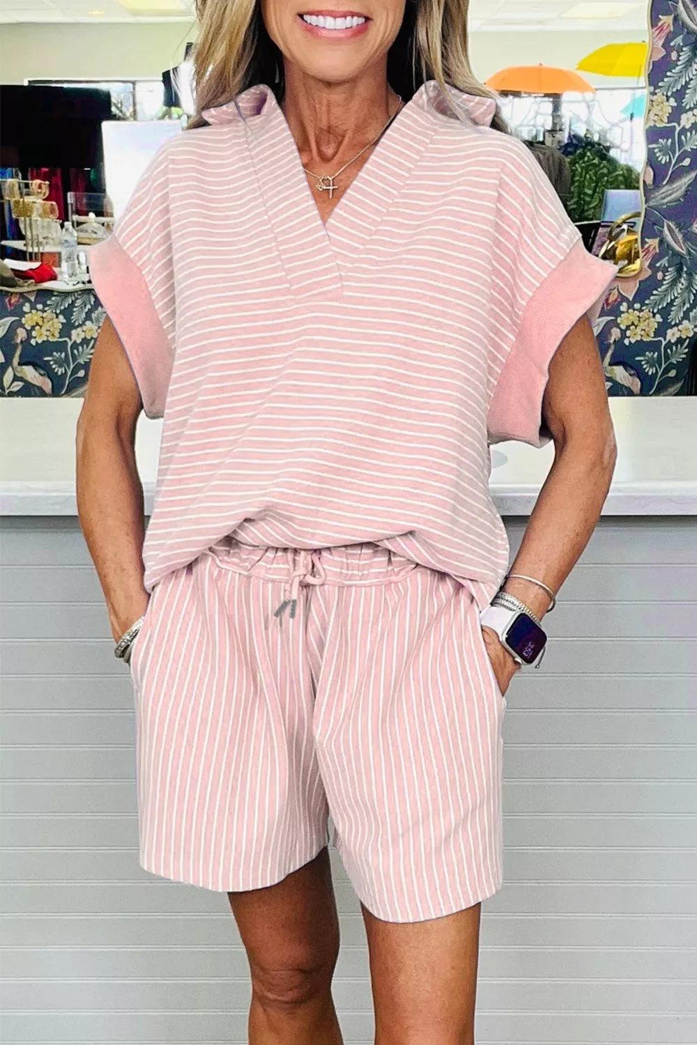 Stripe Dolman Sleeve Polo Shirt and Drawstring Shorts Set - Image 5
