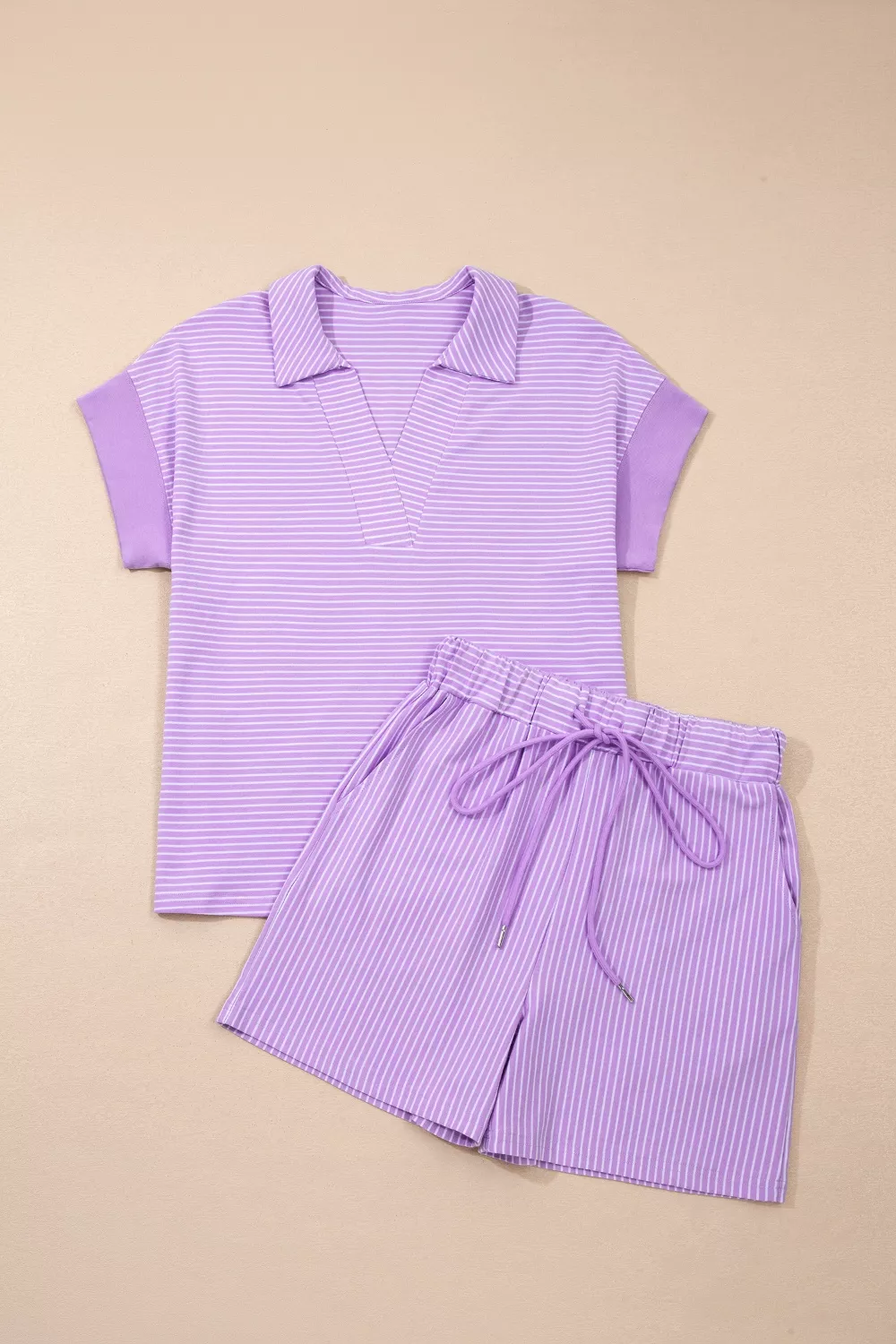 Stripe Dolman Sleeve Polo Shirt and Drawstring Shorts Set - Image 5