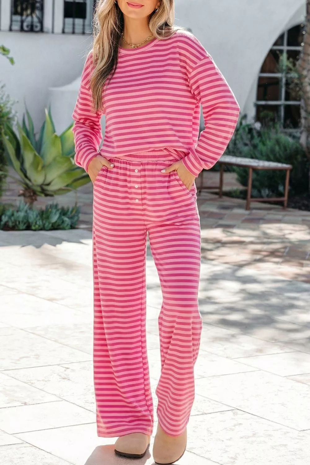 Stripe Drop Shoulder Round Neck Top and Buttoned Straight Pants Two Piece Set - Image 3