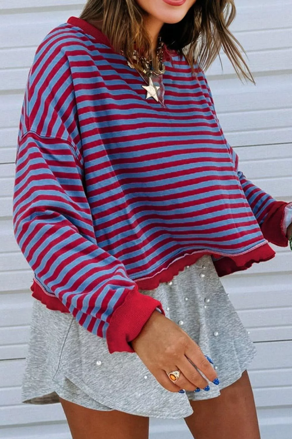 Stripe Exposed Seam Contrast Ribbed Trim Oversize Sweatshirt - Image 2