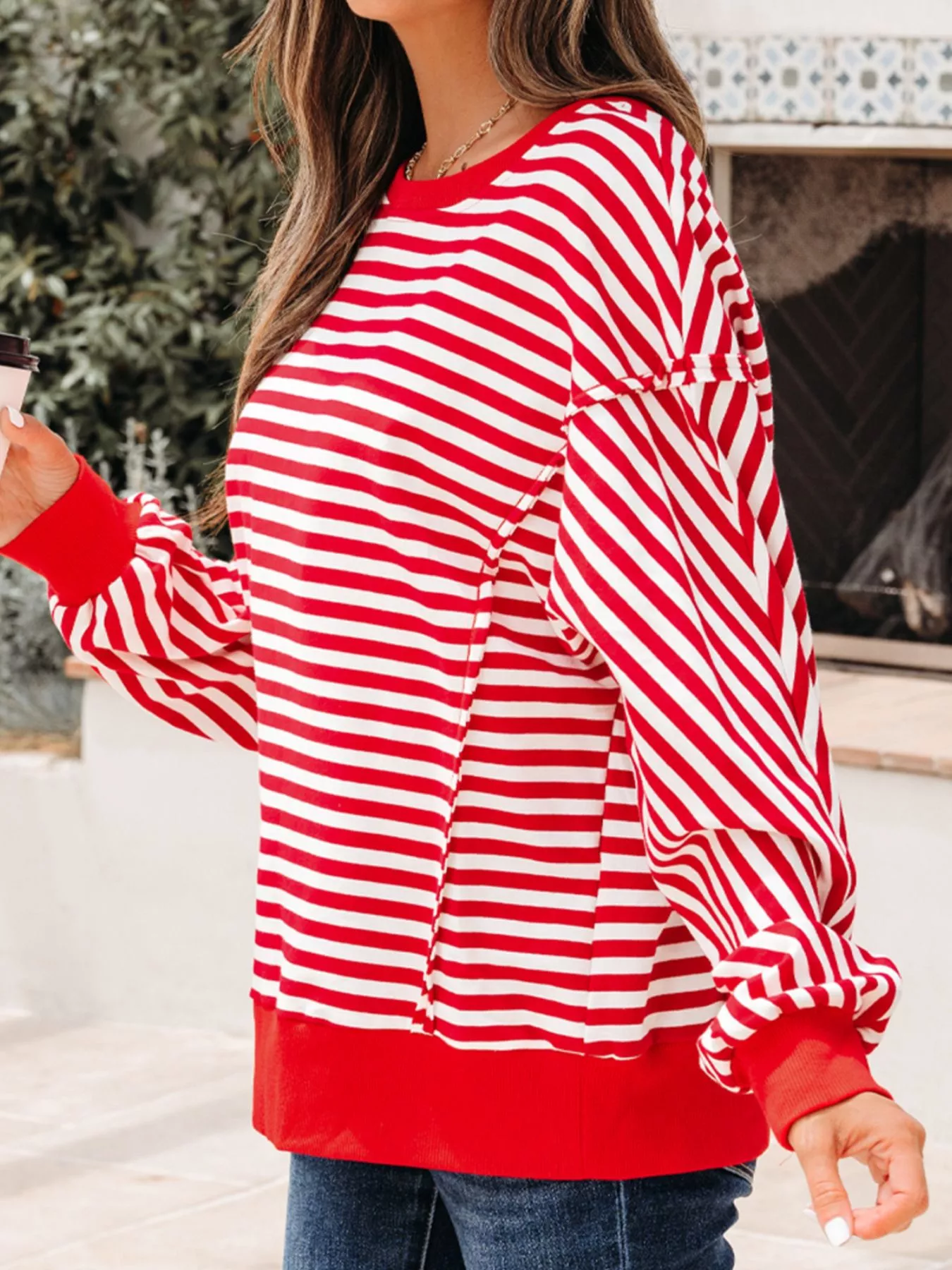 Stripe Exposed Seam Drop Shoulder Casual Top - Image 5