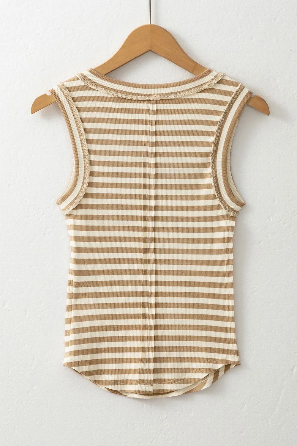 Stripe Exposed Seam Trim Round Neck Sleeveless Top - Image 7