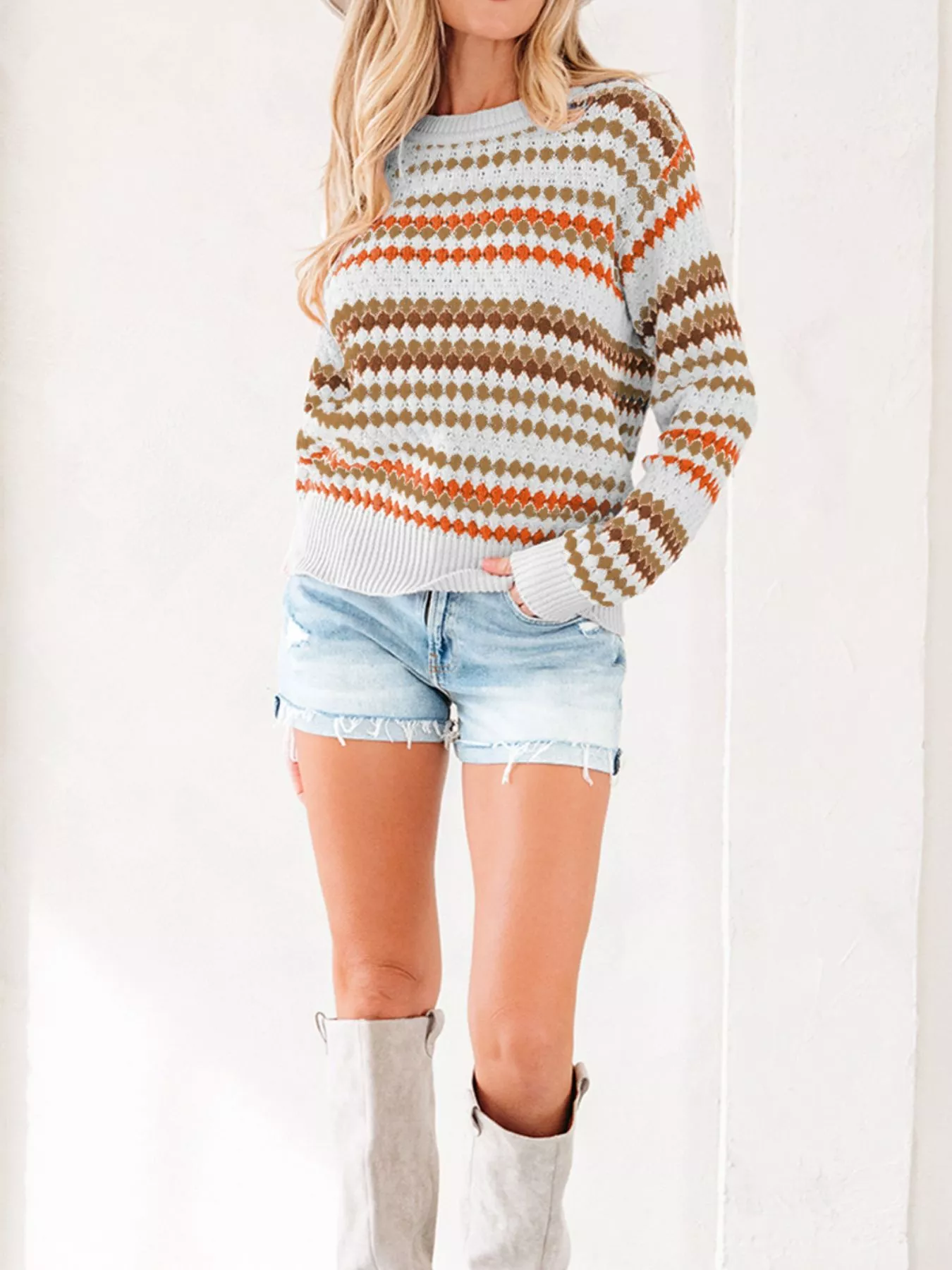 Stripe Eyelet Patterned Drop Shoulder Sweater - Image 4