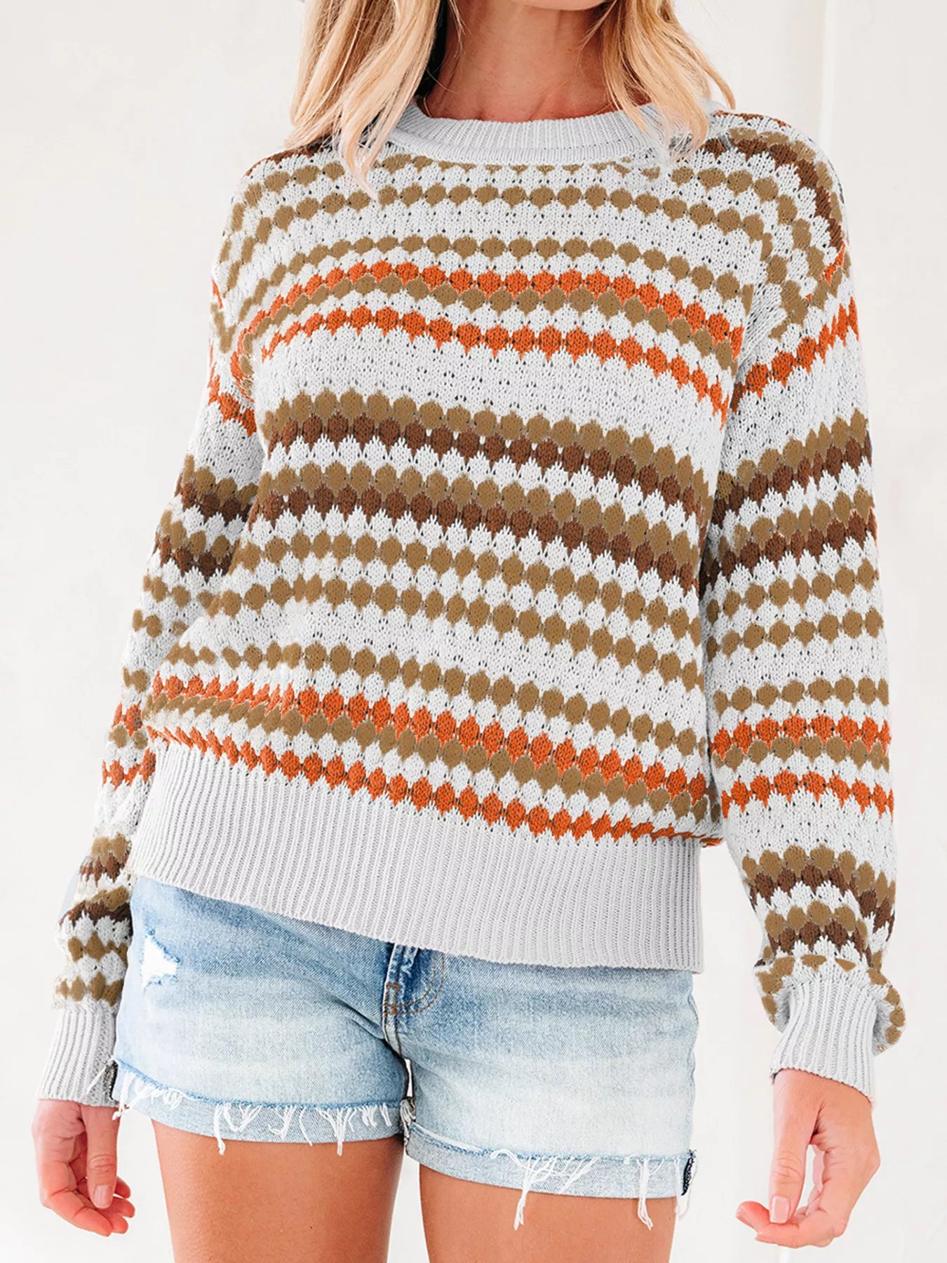 Stripe Eyelet Patterned Drop Shoulder Sweater - Image 5