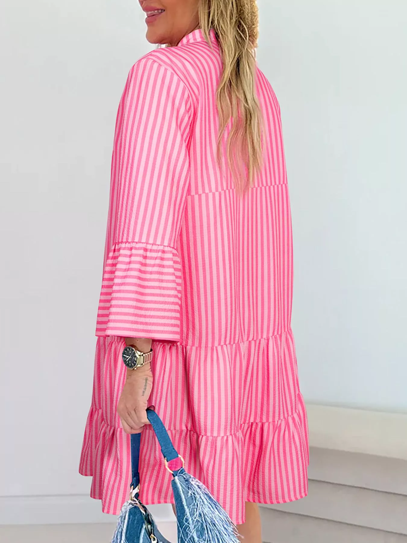 Stripe Flare Sleeve Half Placket Tiered Flowy Mini Dress - Image 2