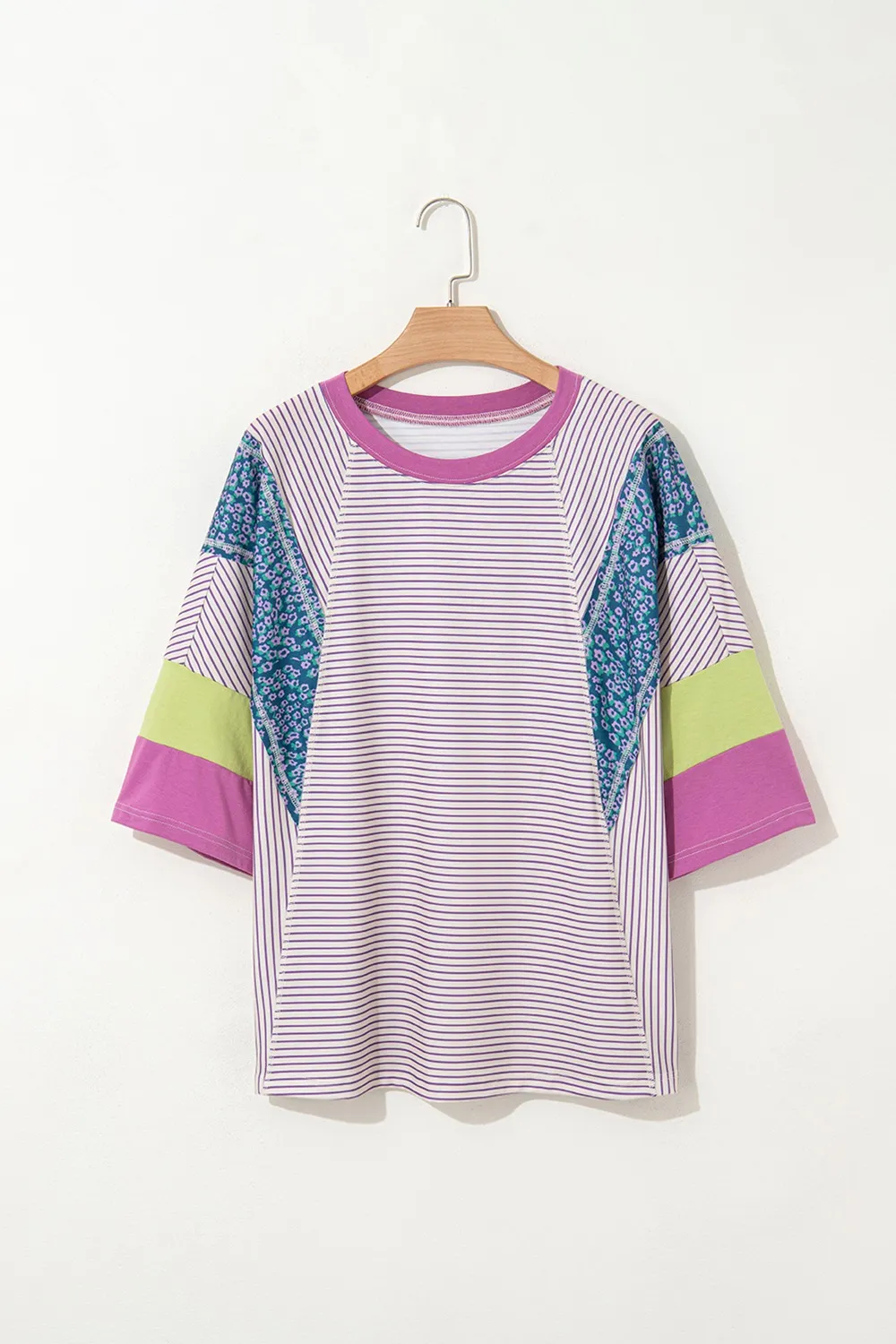 Stripe Floral Color Block Raw Edge Patchwork Top - Image 3