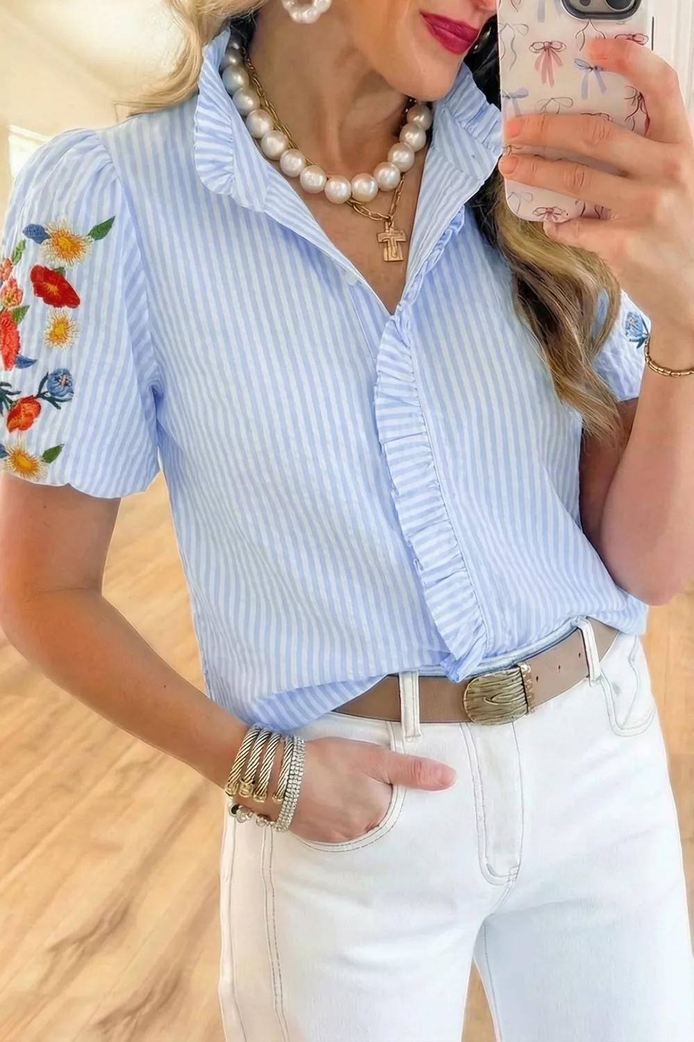 Stripe Floral Embroidered Puff Sleeve Ruffle Trim Shirt - Image 5