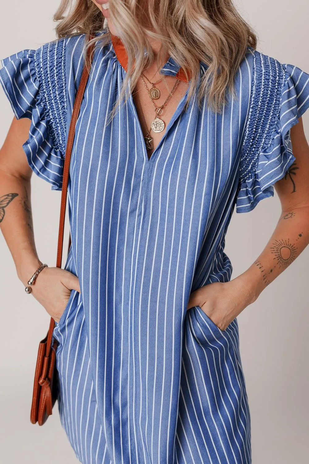 Stripe Frilly Split Neck Shirred Ruffle Sleeve Short Shift Dress - Image 3