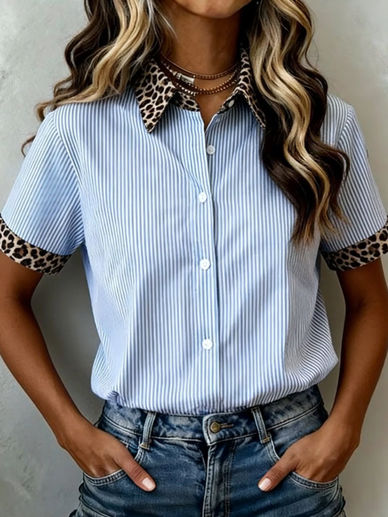 Stripe Leopard Contrast Collar Short Sleeve Shirt - Image 2