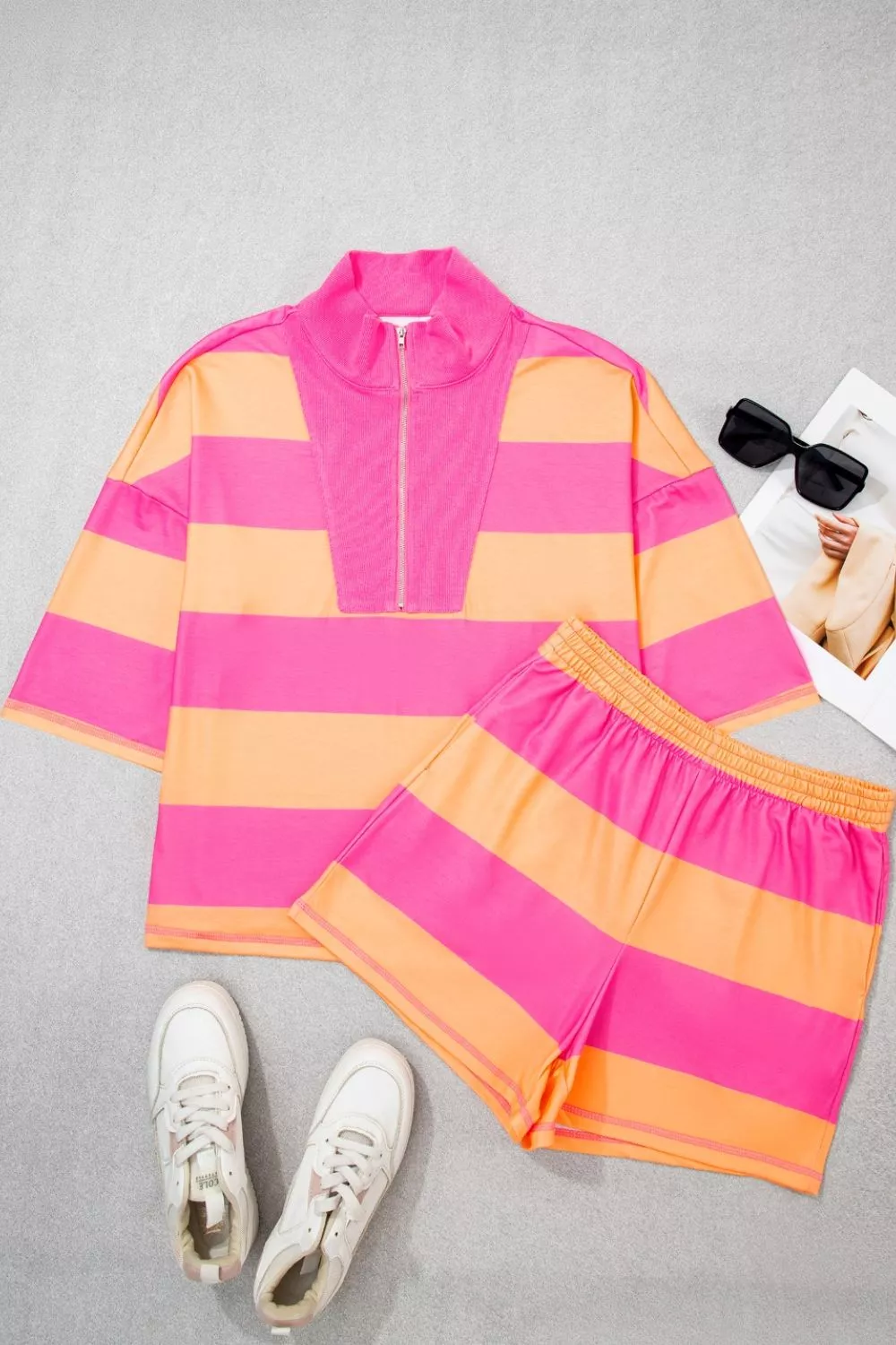 Stripe Long Sleeve Casual Top Drawstring Shorts 2pcs Set - Image 4