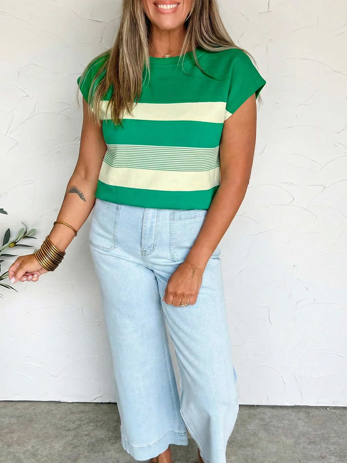 Stripe Mixed Print Crew Neck Cap Sleeve T Shirt - Image 3