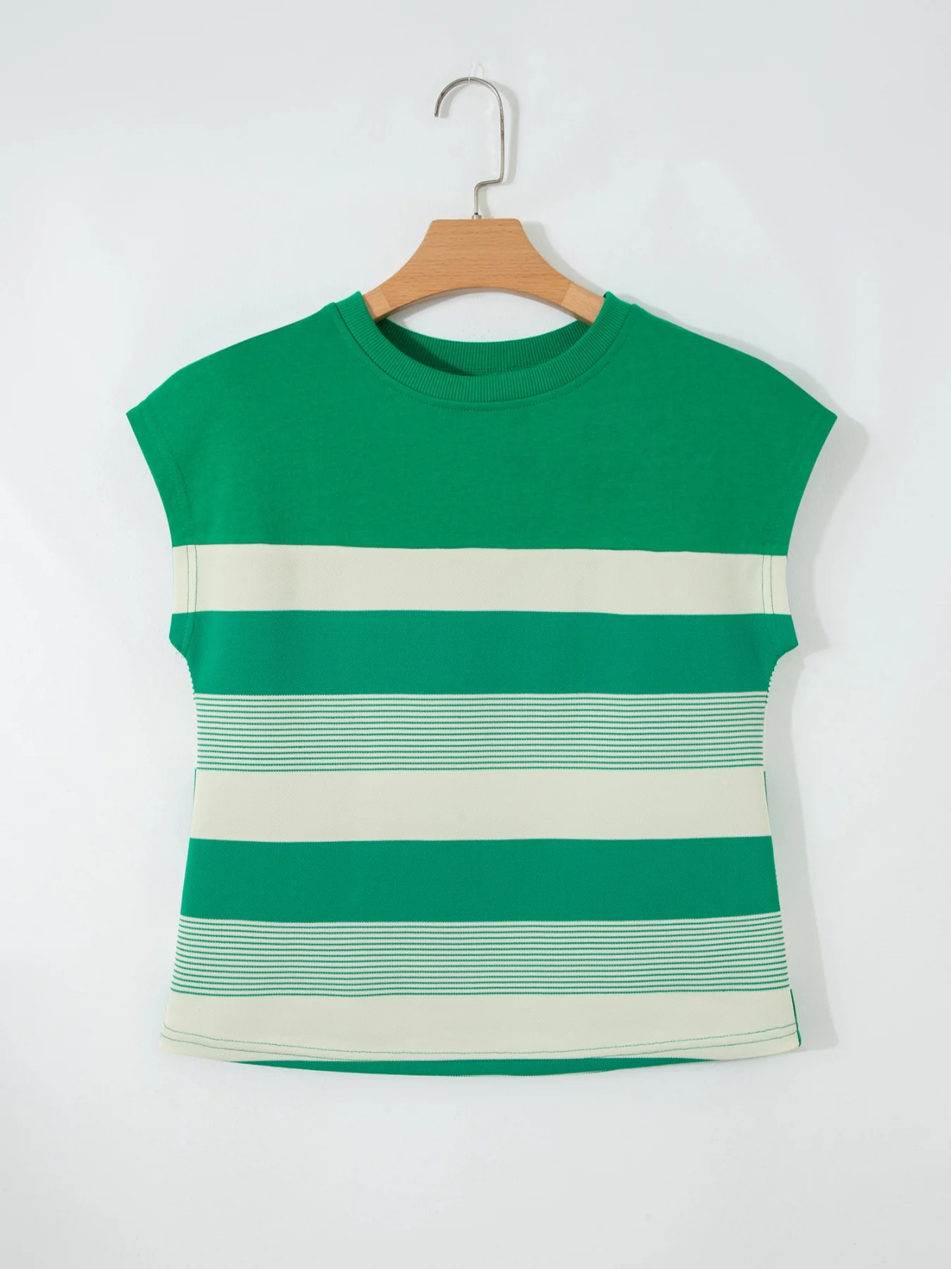 Stripe Mixed Print Crew Neck Cap Sleeve T Shirt - Image 4