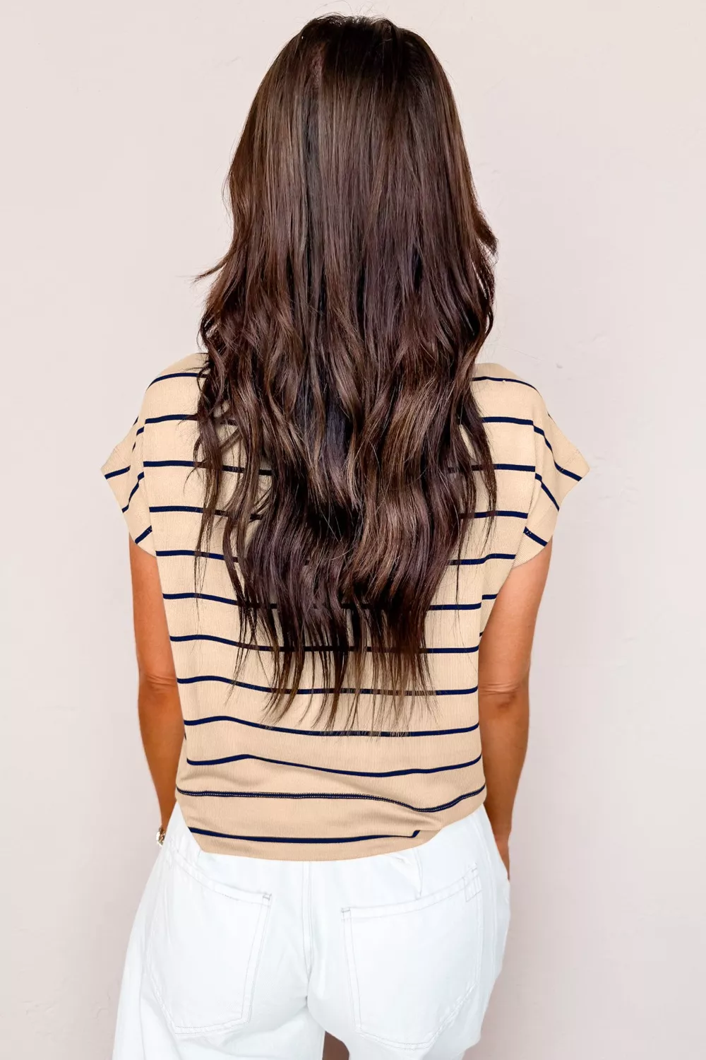 Stripe Mock Neck Short Sleeve Loose Top - Image 3