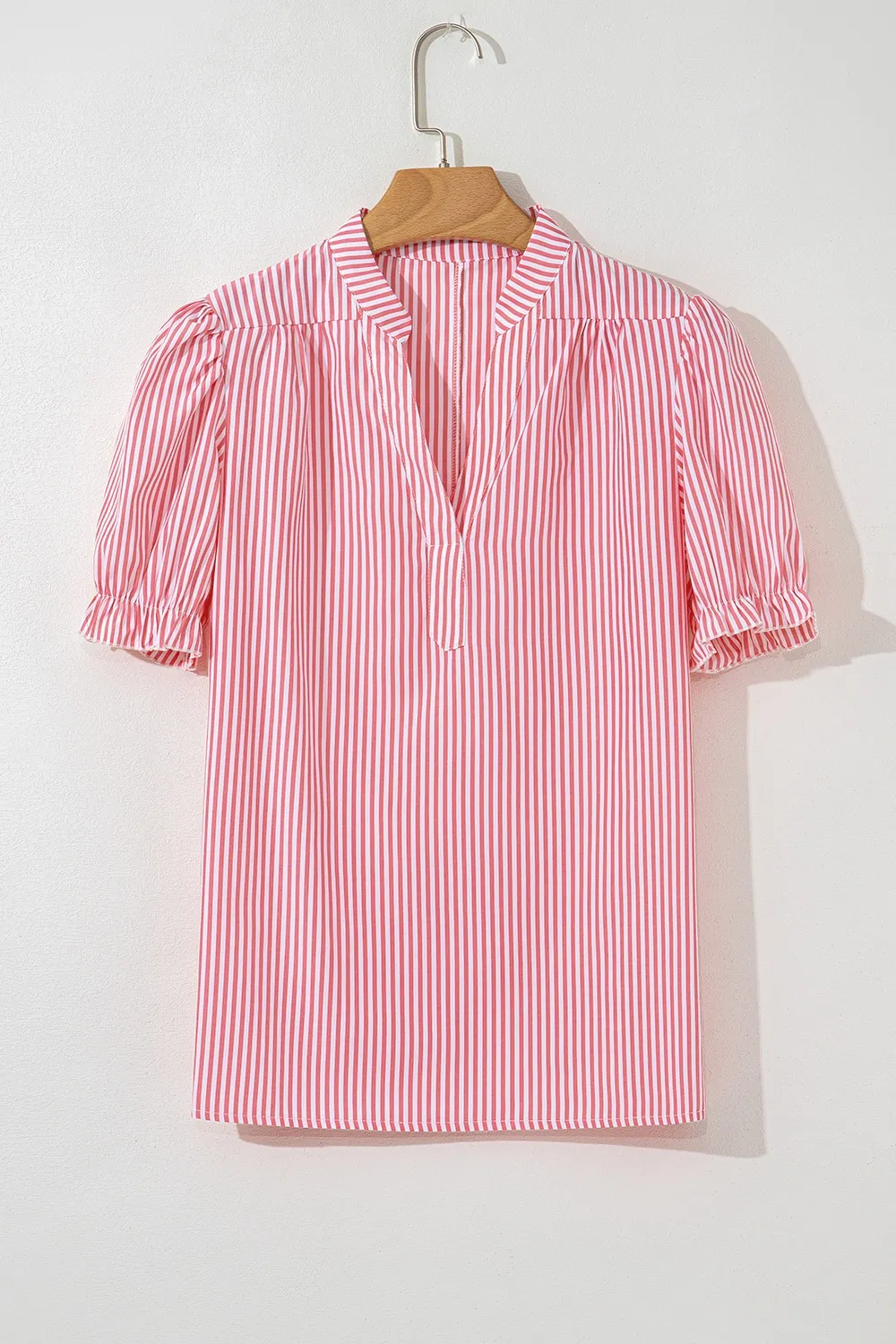 Stripe Notched Neck Frilled Short Puff Sleeve Blouse - Image 3