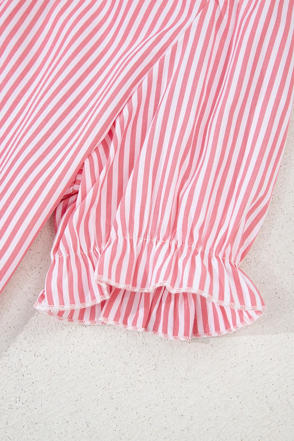 Stripe Notched Neck Frilled Short Puff Sleeve Blouse - Image 7