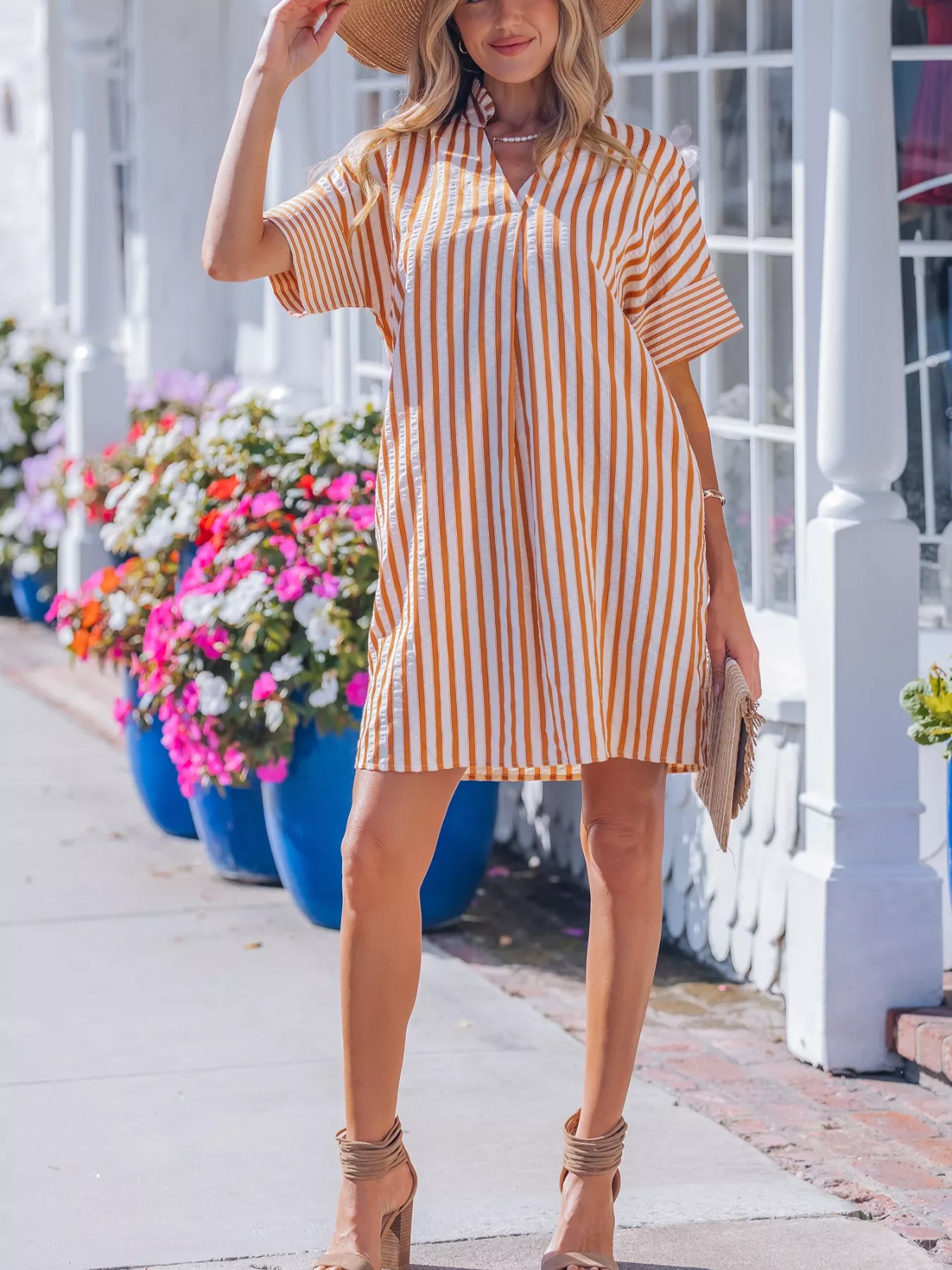 Stripe Pinched V Neck Turn-up Cuffs Shift Mini Dress - Image 6