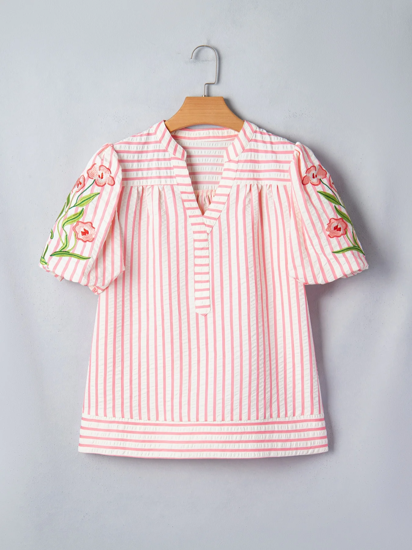 Stripe Print Floral Embroidered Puff Sleeve V Neck Blouse - Image 4