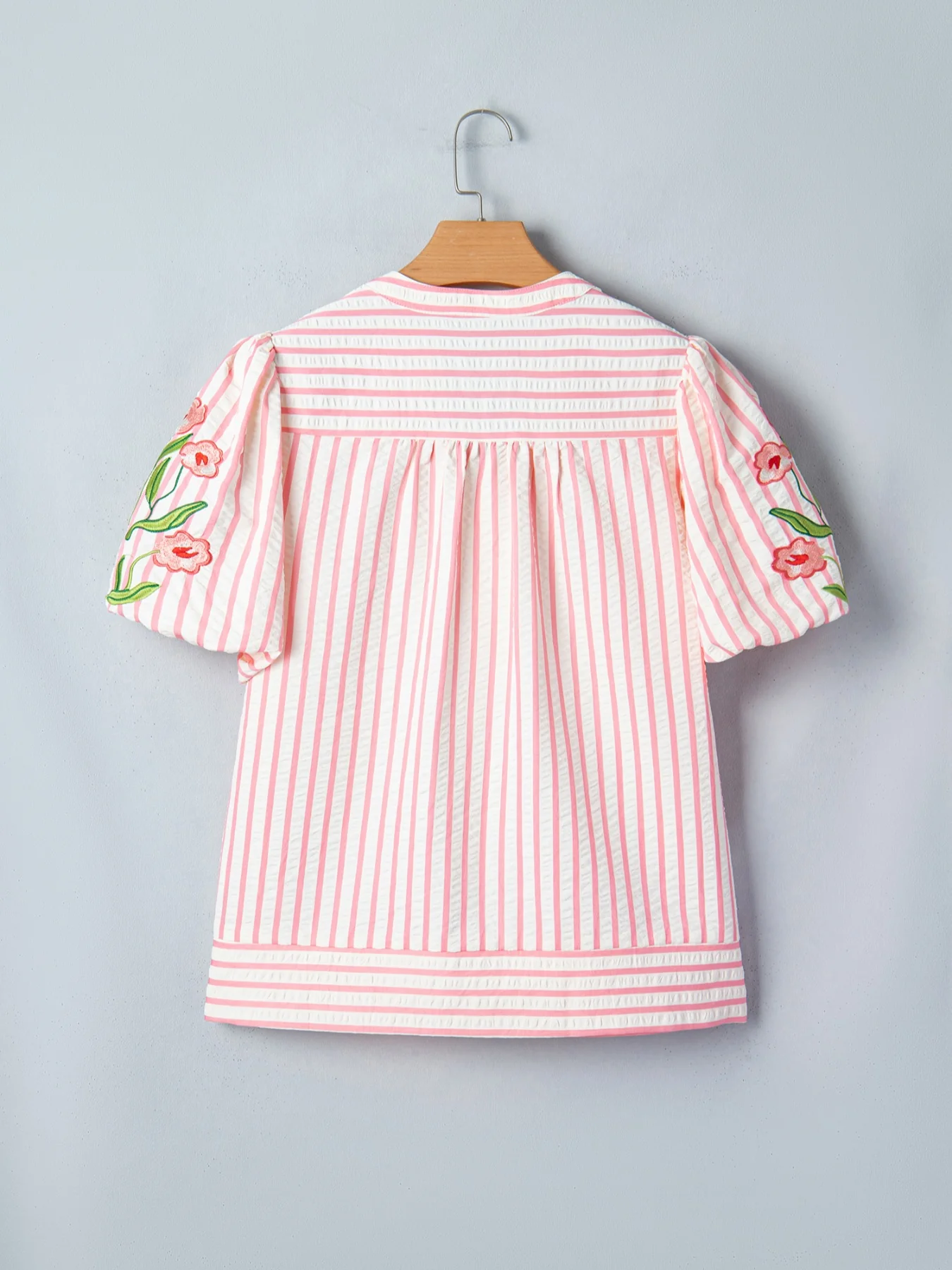 Stripe Print Floral Embroidered Puff Sleeve V Neck Blouse - Image 5
