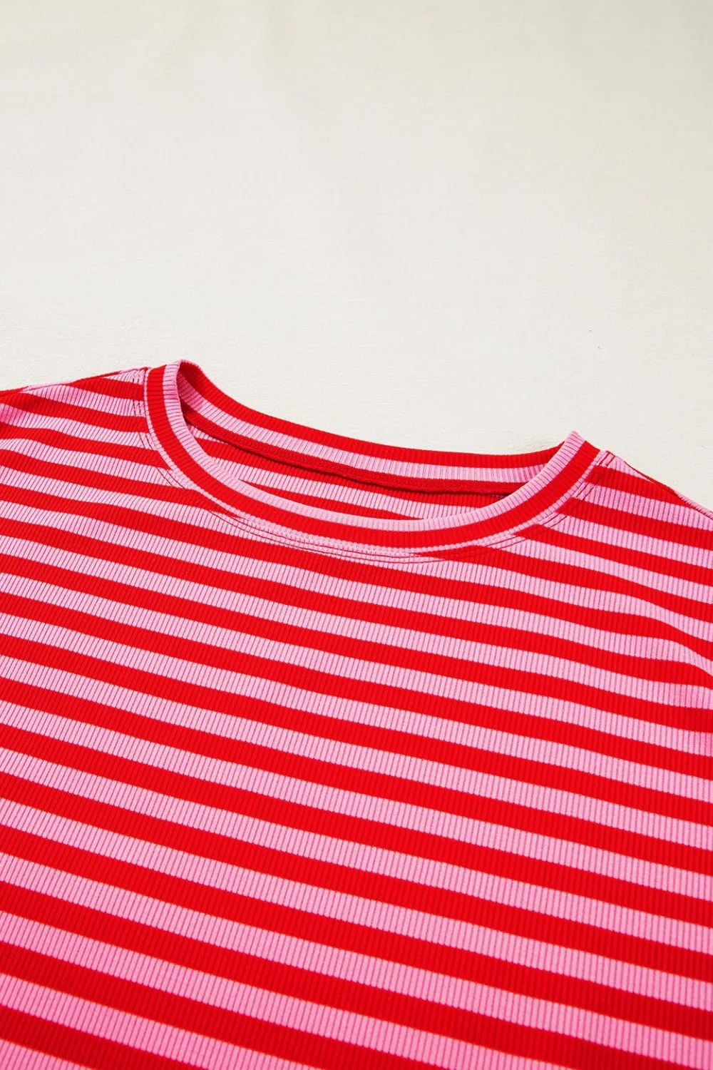 Stripe Ribbed Cap Sleeve Round Neck T Shirt - Image 9