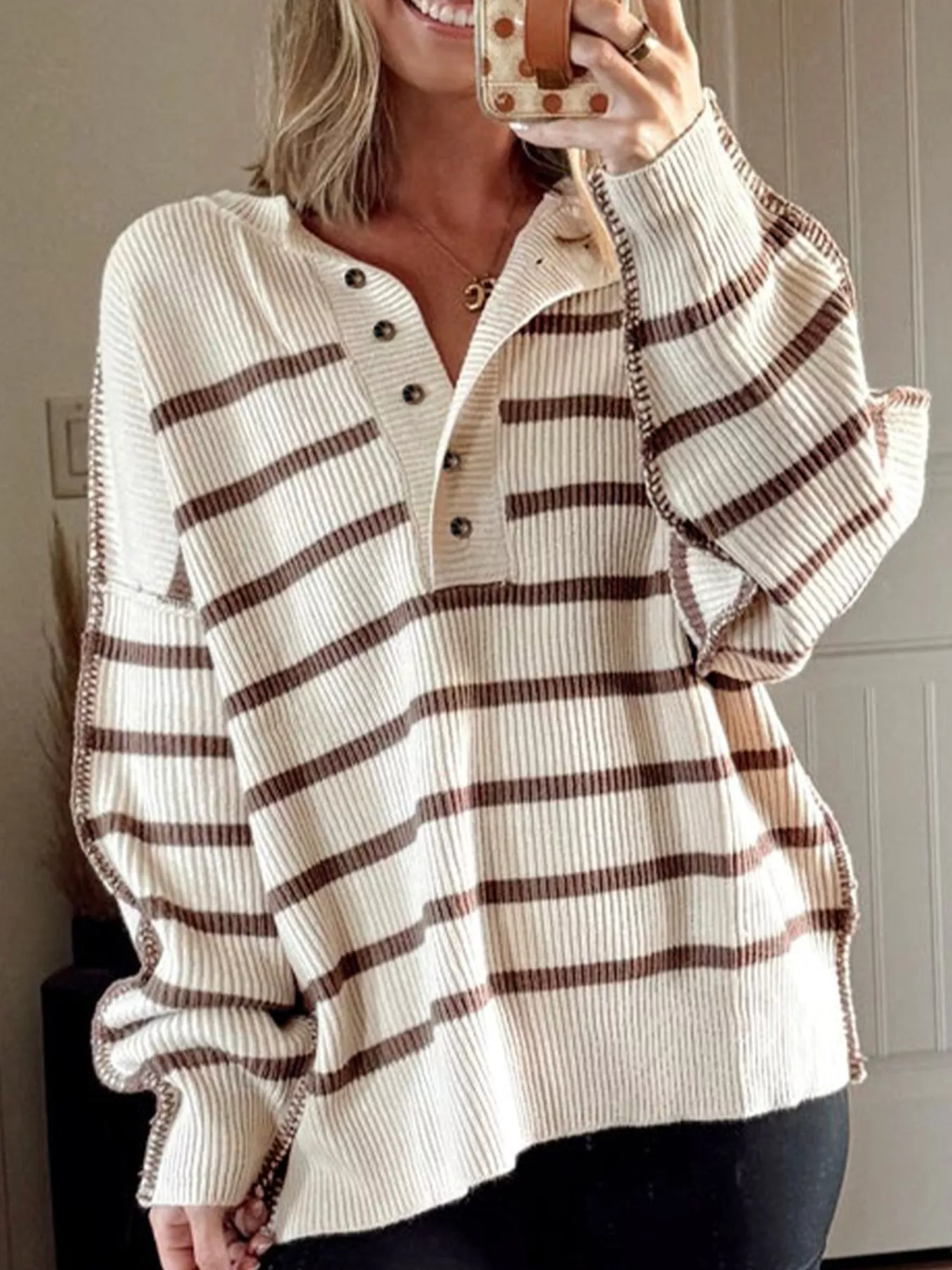 Stripe Ribbed Henley Drop Shoulder Slouchy Sweater - Image 2