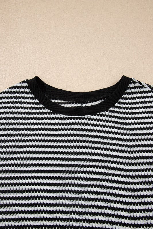 Stripe Ribbed Trim Drop Shoulder Top - Image 18